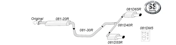 Une représentation schématique du système d'échappement sport duplex en acier inoxydable Simons. Il montre la disposition des tubes et des silencieux finaux pour l'Opel Insignia Limousine, y compris le matériel de montage et une plaquette de qualité.