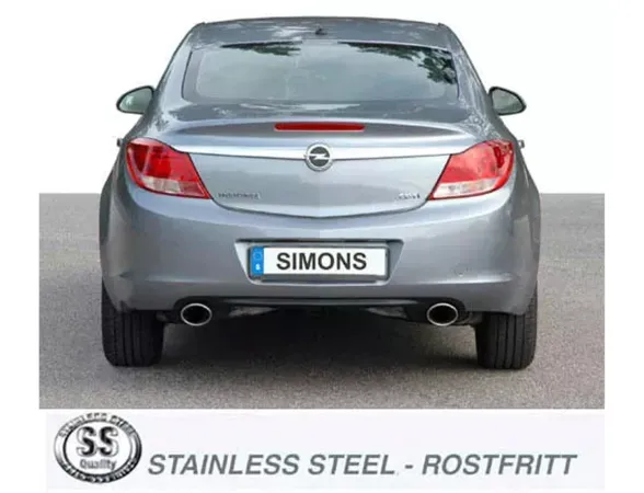 Vue arrière d'une Opel Insignia grise avec système d'échappement sport Duplex. Deux sorties d'échappement rondes sont visibles. La plaque d'immatriculation porte le nom de "SIMONS". En bas, le logo Simons avec l'inscription "STAINLESS STEEL - ROSTFRITT".