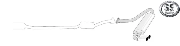 Esquisse d'un silencieux de sortie sport Simons pour Audi S2, en acier inoxydable. Deux tuyaux d'extrémité reliés par un tube qui mène à un silencieux. Avant cela, une pièce de raccordement au reste du pot d'échappement. Logo "Stainless Steel Quality".