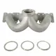 Vue détaillée d'un collecteur d'échappement Top-Mount 1.8T 20V pour l'BAR-TEK, en acier inoxydable moulé gris argenté brillant. Quatre tuyaux à flux optimisé aboutissent à un raccord central V-Band. Trois bagues d'adaptation turbo.