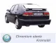 Vue arrière d'une SAAB 9-3 Coupé noire avec Simons Système d'échappement sport. Tube final angulaire (70x140 mm) bien visible. Sous le véhicule, on peut lire "Chromium steele Kromstål". A gauche, le logo "TOP Quality".