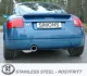 Vue arrière d'une Audi TT 8N bleue avec spoiler. Accent sur l'échappement sport inox Simons à embout rond unique. Plaque d'immatriculation "SIMONS". En bas, logo "Stainless Steel".