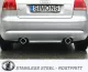 Vue arrière d'une Audi A3 (8P) argentée avec échappement sport duplex Simons. Sorties gauche/droite, diamètre 100 mm. Plaque "Simons". En bas : "Stainless Steel".