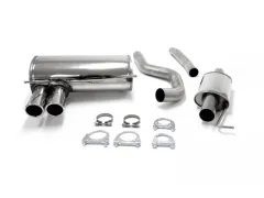 Système d'échappement sport en acier inoxydable brillant pour BMW E91 d'Simons:: silencieux principal avec deux sorties de 80 mm, petit pré-silencieux, plusieurs tubes coudés/droits et colliers de fixation, poli, sur fond blanc.